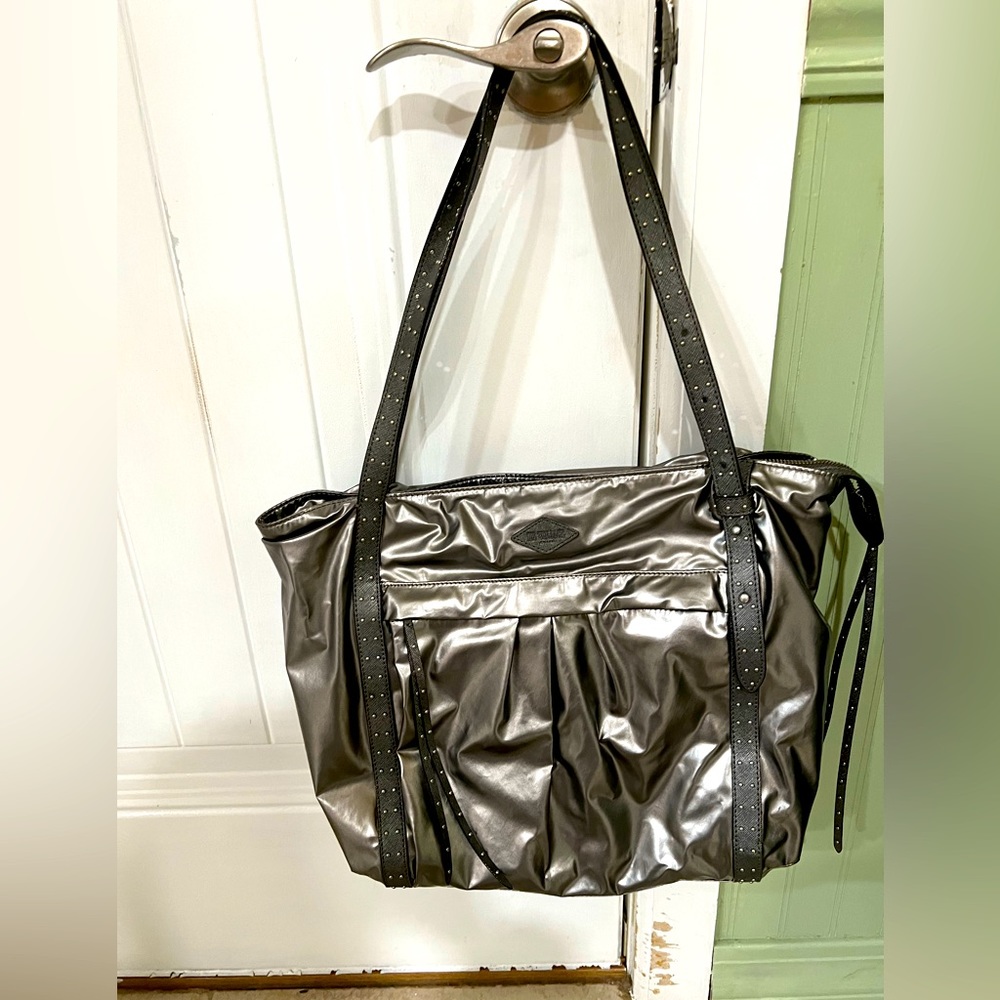 MZ WALLACE METALLIC LEATHER AND NYLON TOTE